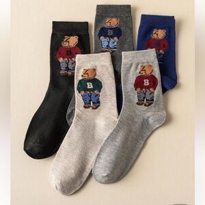 BRAND NEW Designer Inspired 5 pair Bear Embroidered Socks - Multi Pack Size 9-11